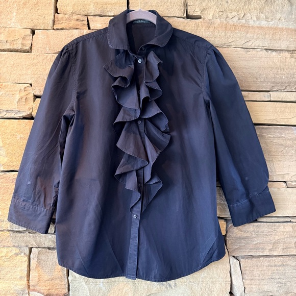Ralph Lauren Tops - Black Ruffled Button-Up Cotton Top RL Jeans - Pirate, Regency, Flounce, Frill